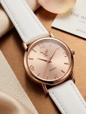 American Eagle Rose Gold Watch White Leather Strap Minimalist Quartz